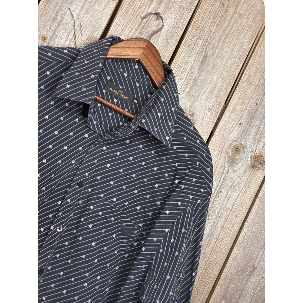 Bugatchi Uomo Mens XXL Button Down Shirt Black Striped Blue Floral Cotton LS